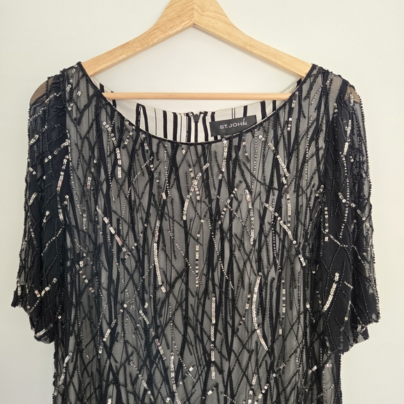 St. John Black Silk Hand Beaded Short Sleeve Caviar Dress - Picture 3 of 7